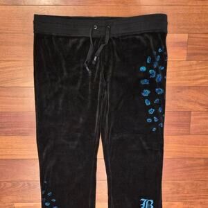 BCBG Max Azria Black Velour Joggers XL Y2K Rhinestone Gothic Logo Track Pants